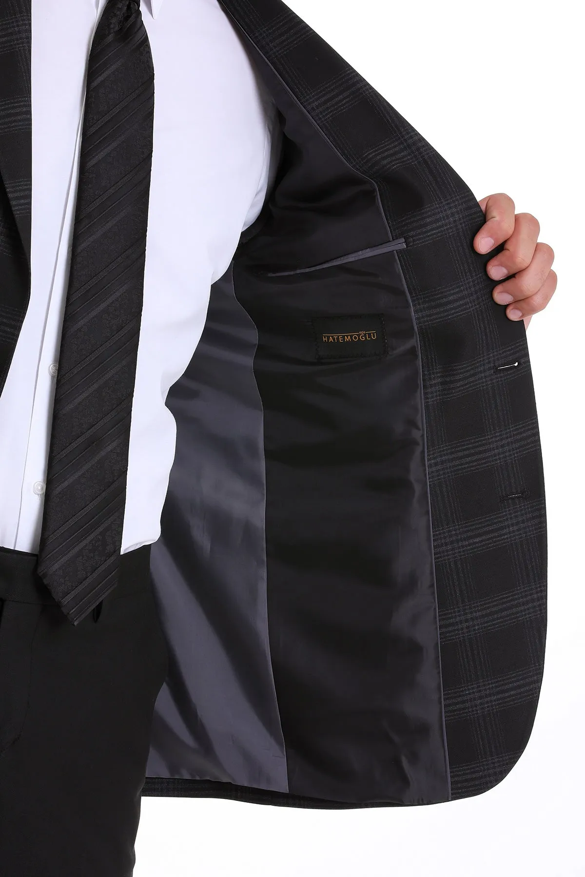 Slim Fit Notch Lapel Plaid Black Casual Suit