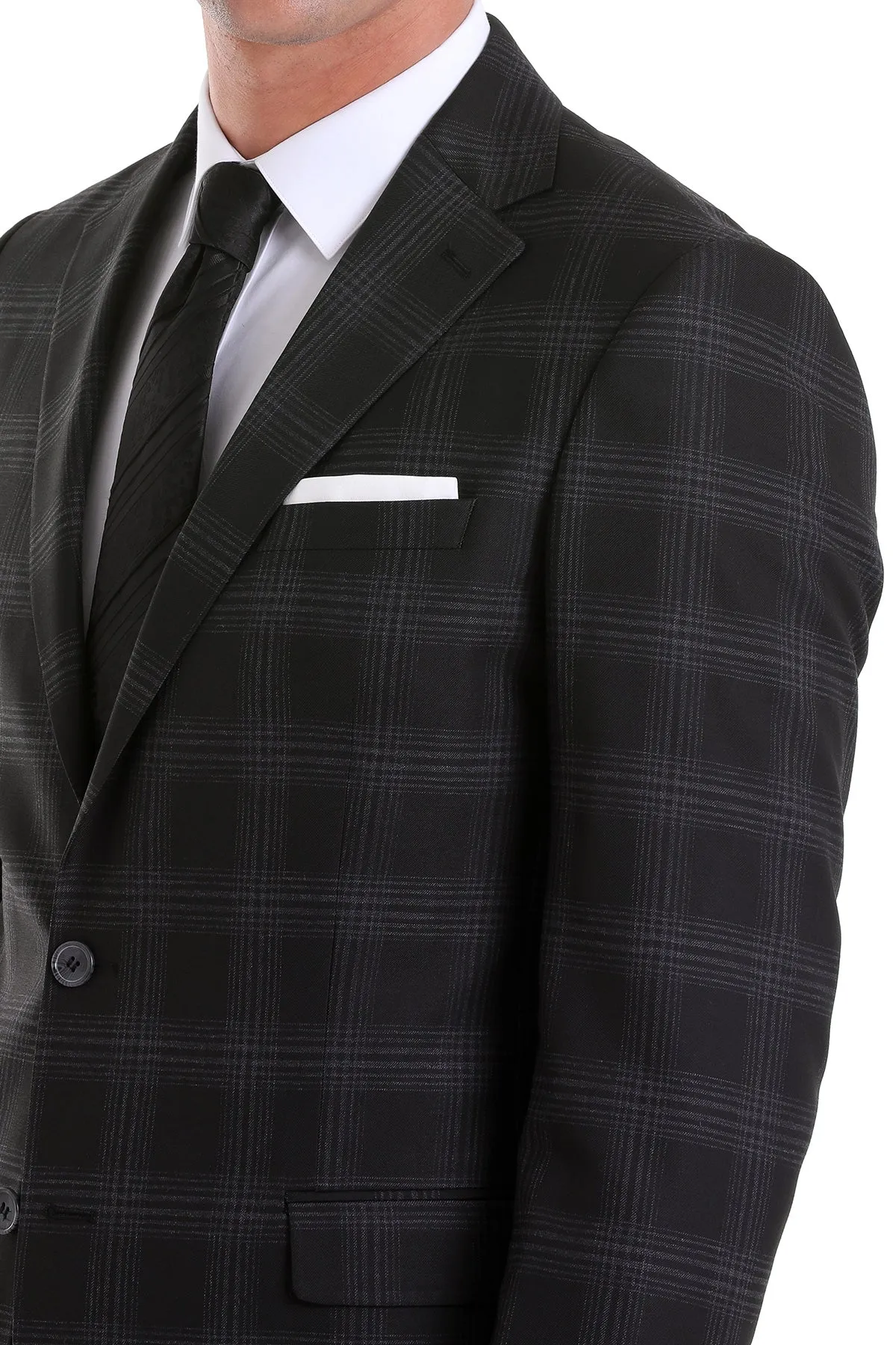 Slim Fit Notch Lapel Plaid Black Casual Suit
