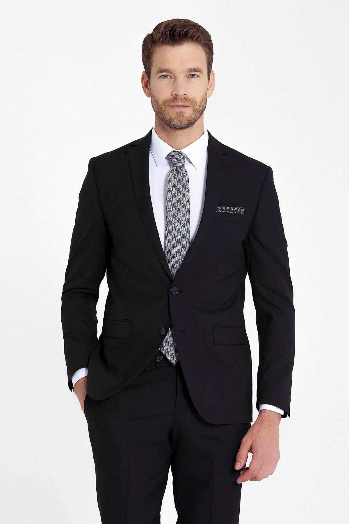 Slim Fit Notch Lapel Plain Classic Suit, Black