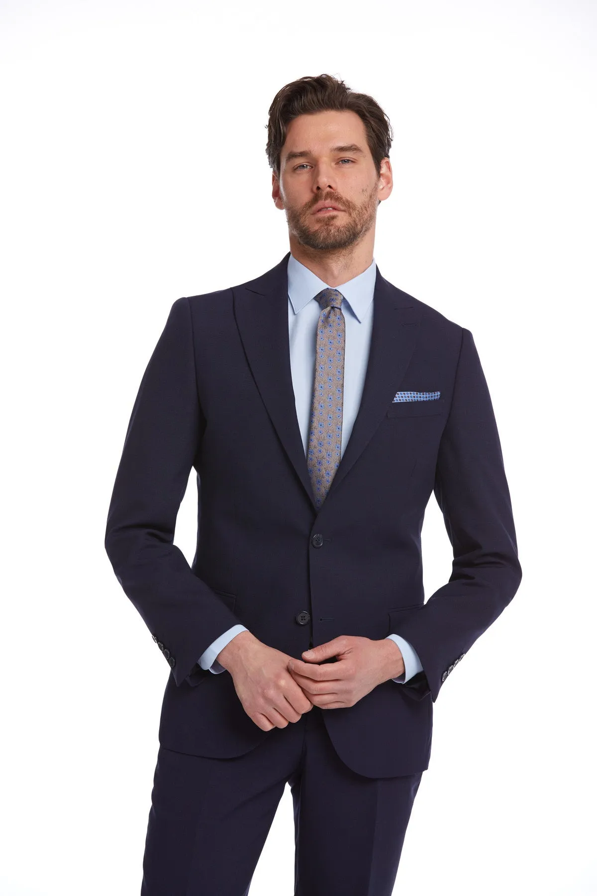 Slim Fit Peak Lapel Patterned Classic Suit, Navy D.