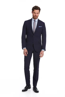 Slim Fit Peak Lapel Patterned Classic Suit, Navy D.