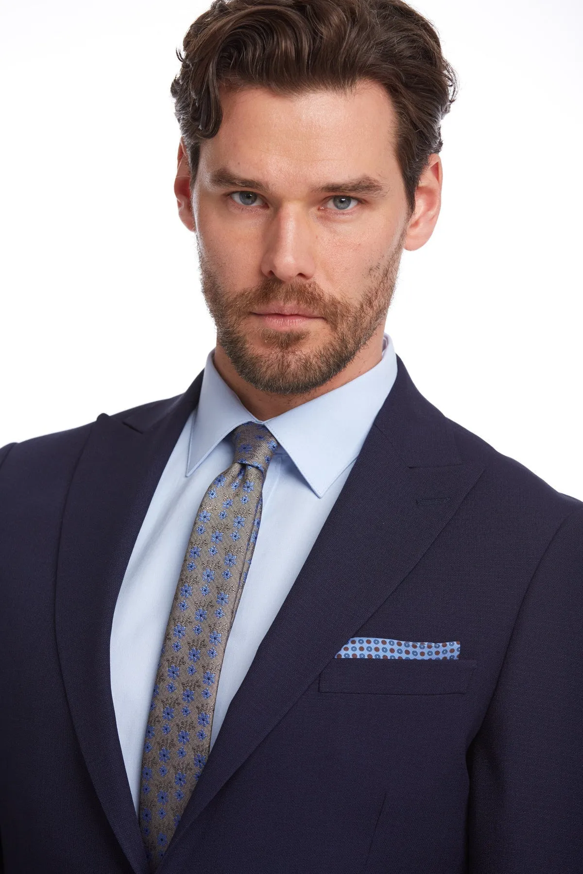 Slim Fit Peak Lapel Patterned Classic Suit, Navy D.