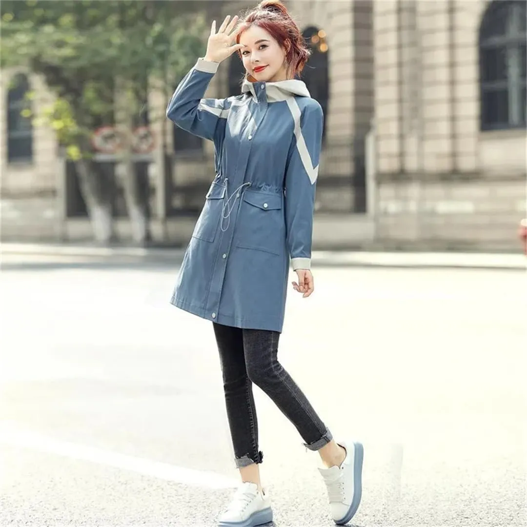 Spring Women Trench Coat Mid-Length Hooded Zipper Splicing Waist Loose Korean Windbreaker Female Outwear