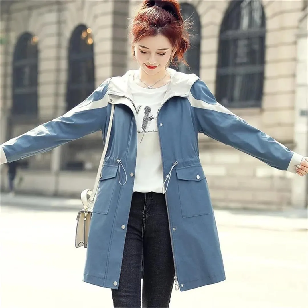 Spring Women Trench Coat Mid-Length Hooded Zipper Splicing Waist Loose Korean Windbreaker Female Outwear