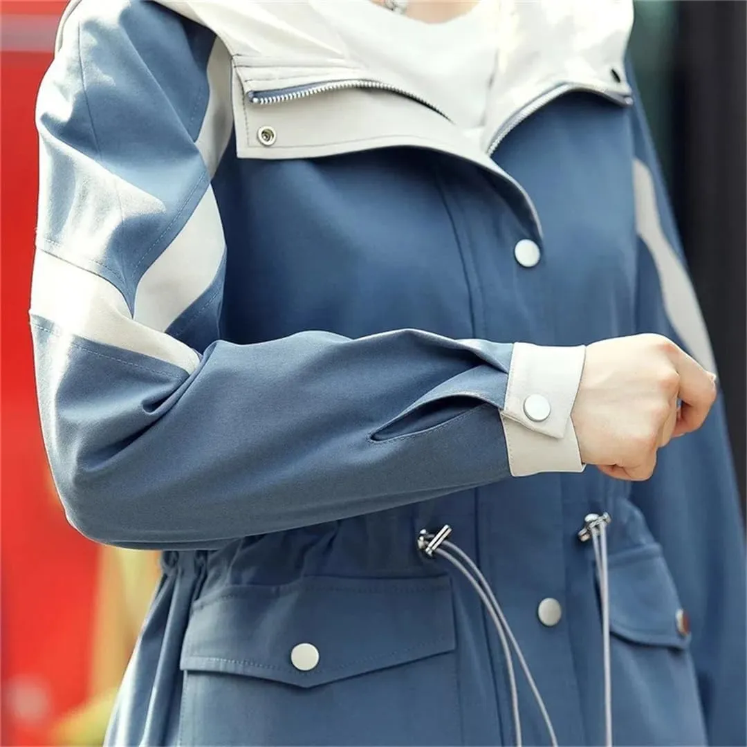 Spring Women Trench Coat Mid-Length Hooded Zipper Splicing Waist Loose Korean Windbreaker Female Outwear