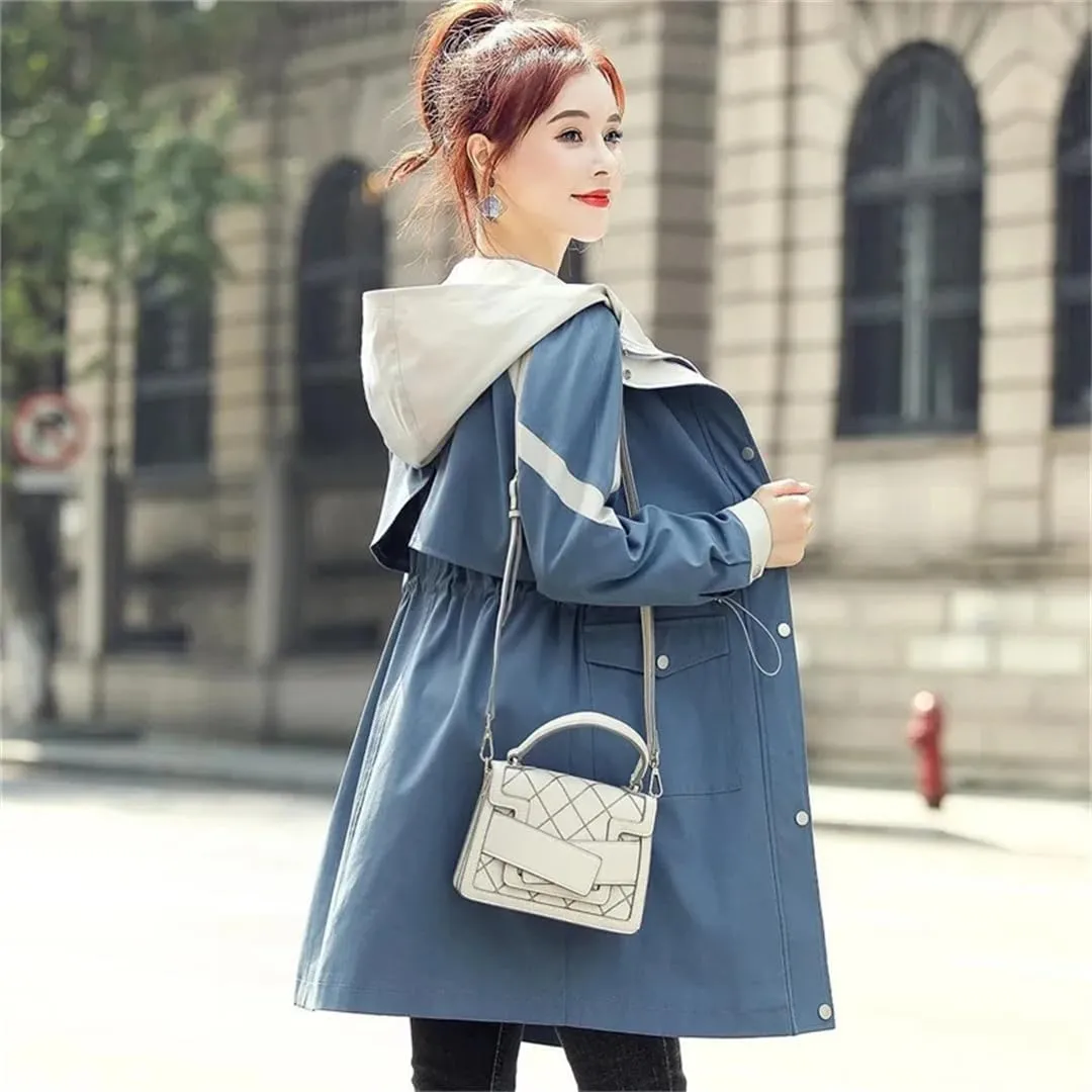 Spring Women Trench Coat Mid-Length Hooded Zipper Splicing Waist Loose Korean Windbreaker Female Outwear