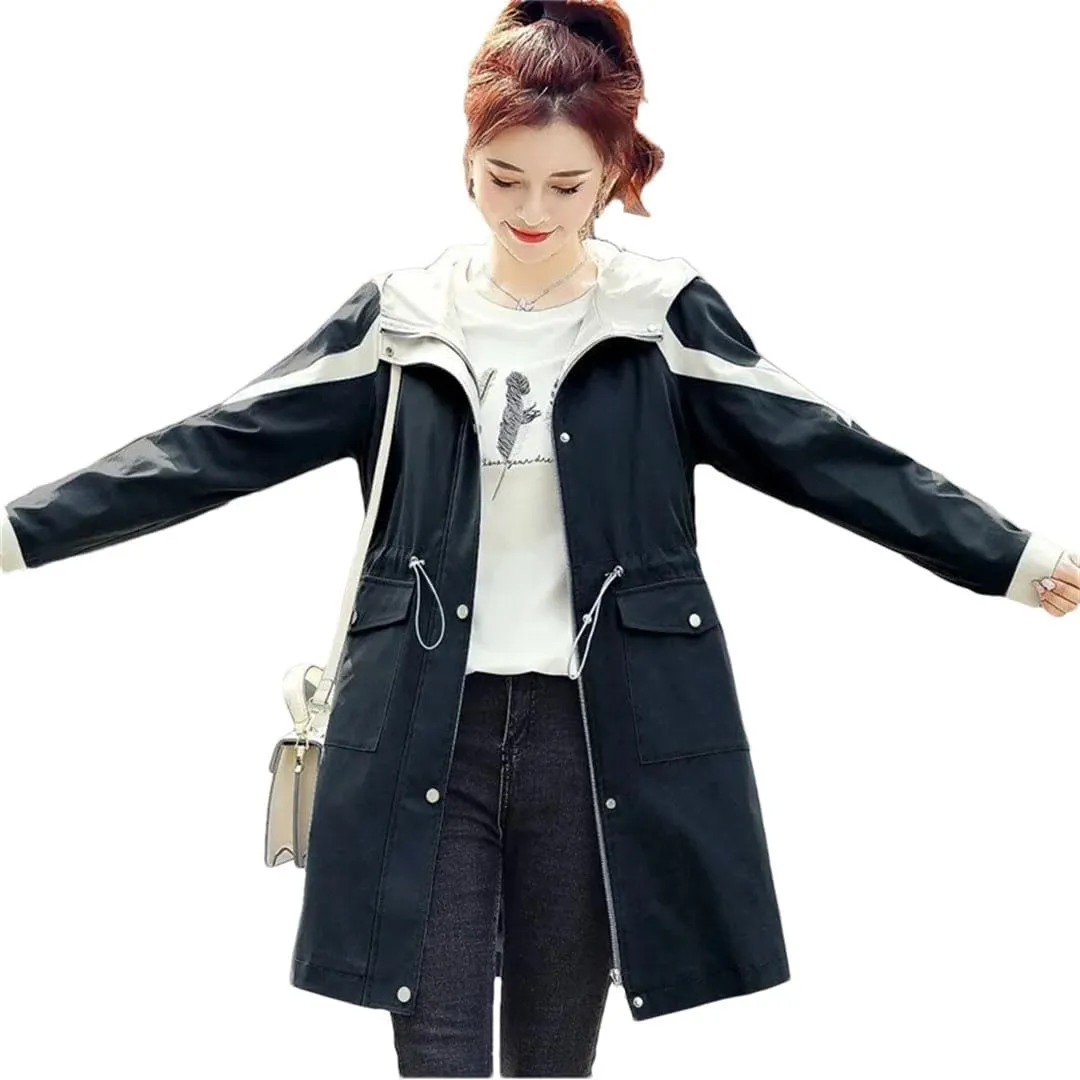Spring Women Trench Coat Mid-Length Hooded Zipper Splicing Waist Loose Korean Windbreaker Female Outwear