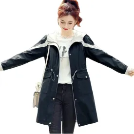 Spring Women Trench Coat Mid-Length Hooded Zipper Splicing Waist Loose Korean Windbreaker Female Outwear