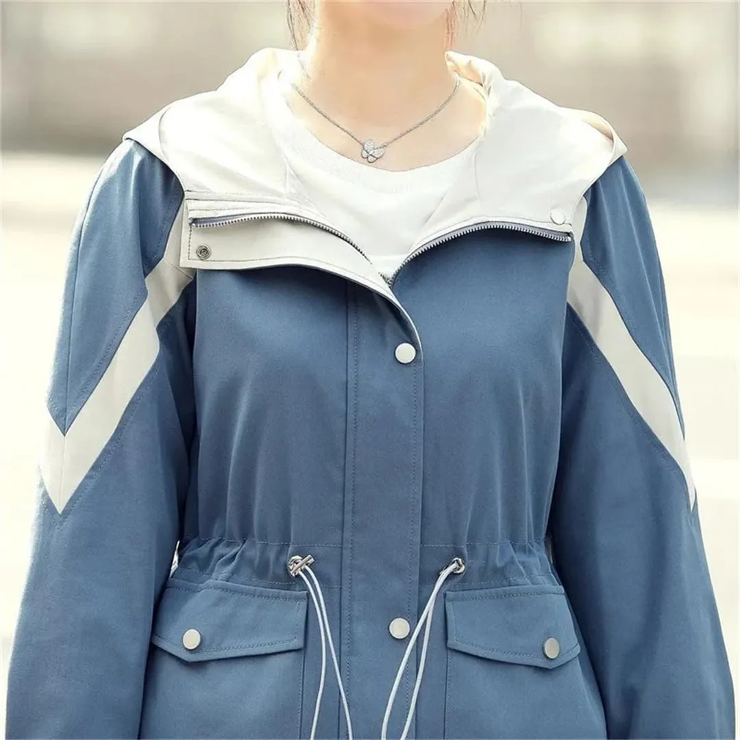 Spring Women Trench Coat Mid-Length Hooded Zipper Splicing Waist Loose Korean Windbreaker Female Outwear