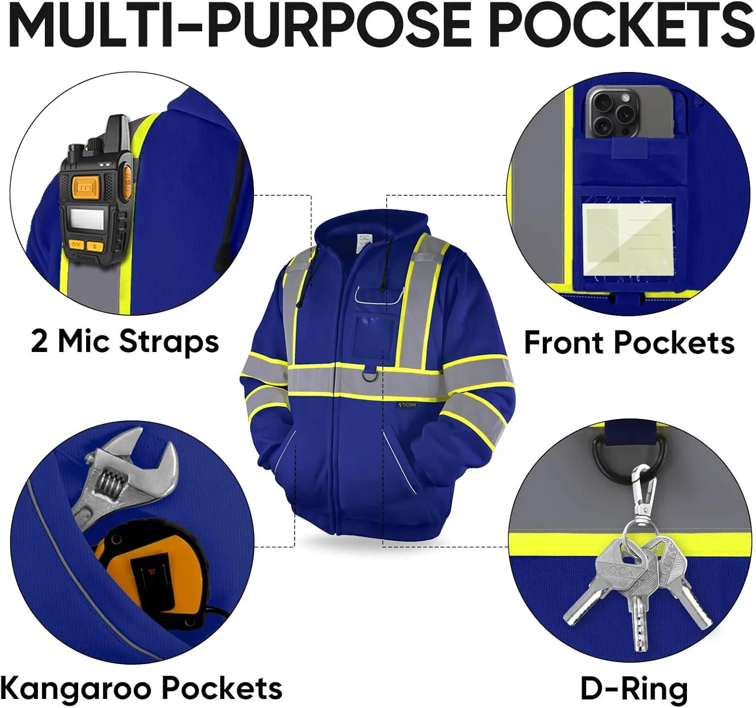 TICONN Safety Hoodie Jacket, High Vis Reflective Safety Fleece Hoodie, PPE Gear for Cold Weather Meet ANSI III