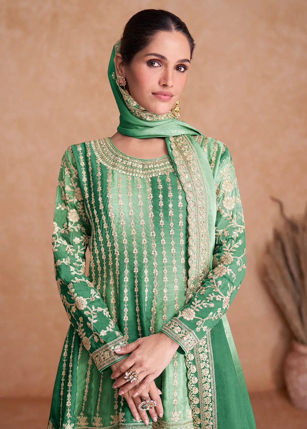 Traditional Green Embroidered Wedding & Reception Wear Gharara Suit