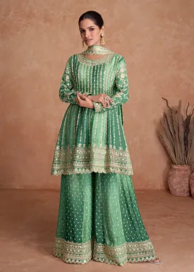 Traditional Green Embroidered Wedding & Reception Wear Gharara Suit