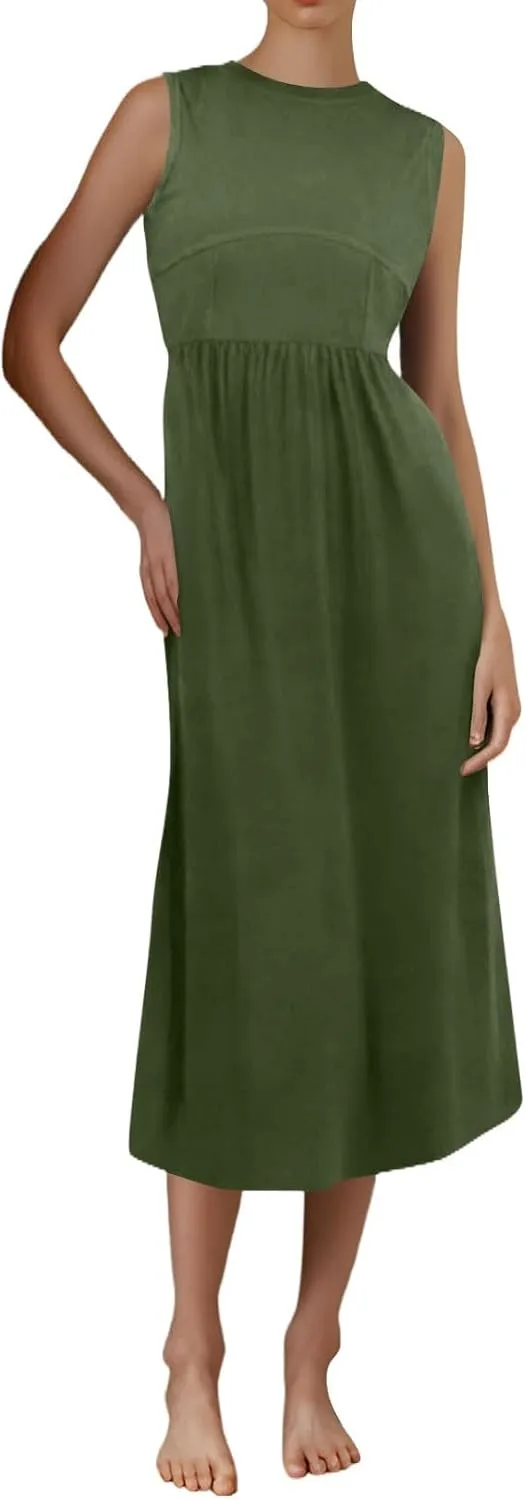 TWGONE Women's Summer Dresses 2025 Casual Sleeveless Patchwork Knit Sundresses Long Flowy Beach Dress with Pockets