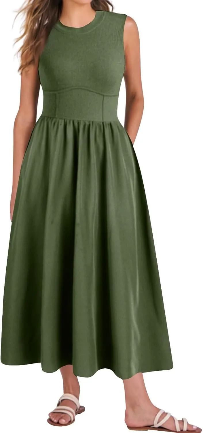 TWGONE Women's Summer Dresses 2025 Casual Sleeveless Patchwork Knit Sundresses Long Flowy Beach Dress with Pockets