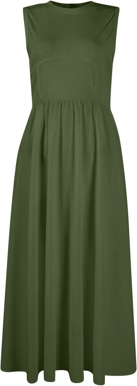 TWGONE Women's Summer Dresses 2025 Casual Sleeveless Patchwork Knit Sundresses Long Flowy Beach Dress with Pockets