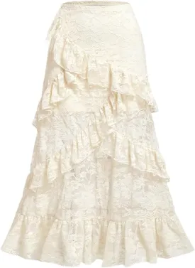 Verdusa Women's Plus Size Boho Western Lace Midi Skirt Layered Ruffle Long Skirts