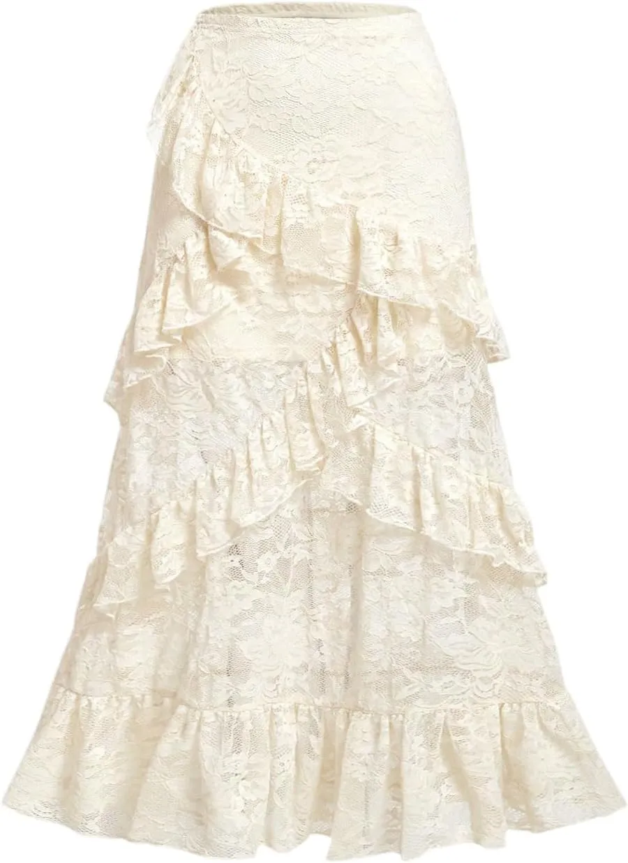 Verdusa Women's Plus Size Boho Western Lace Midi Skirt Layered Ruffle Long Skirts