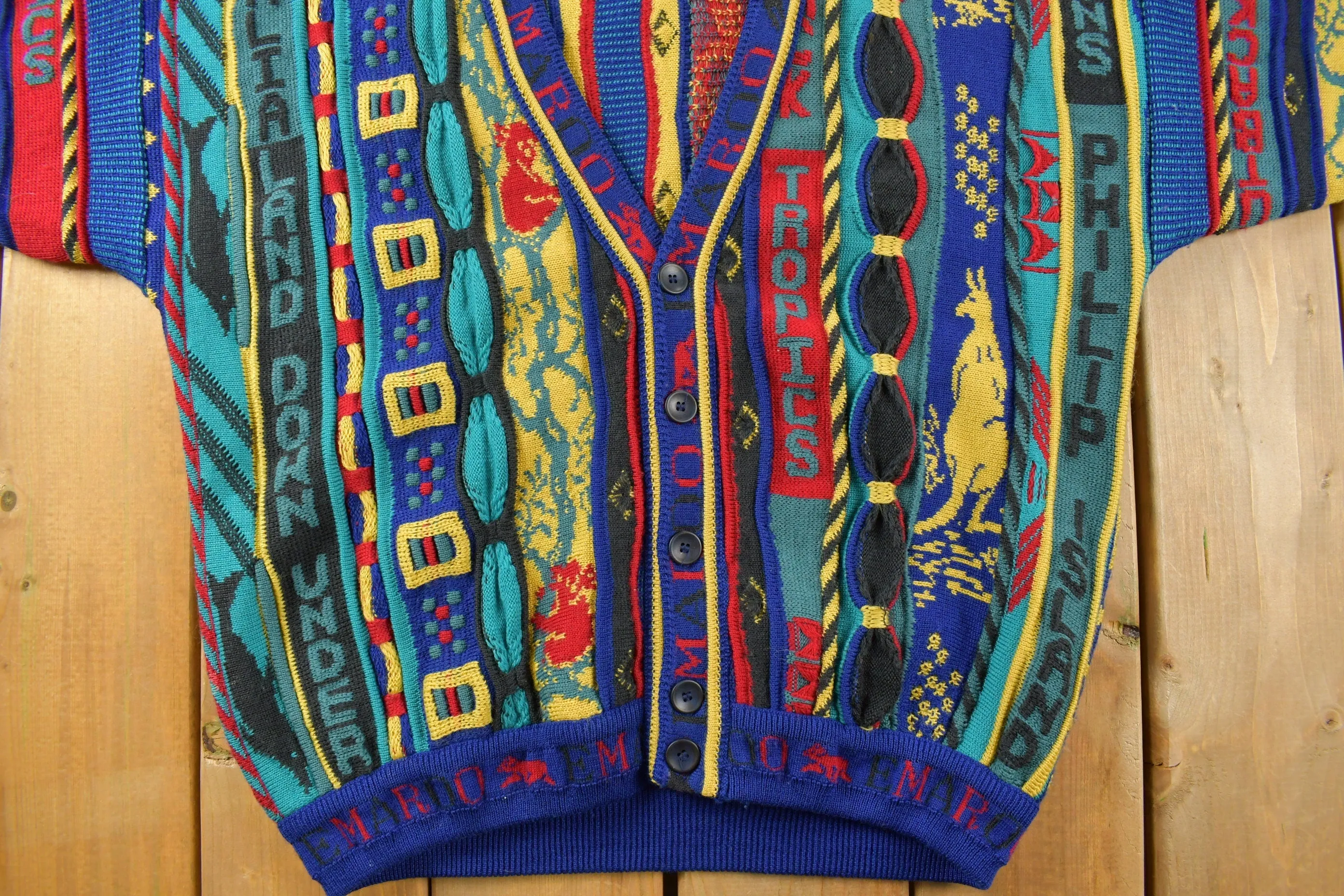 Vintage 1990s Emaroo Australia 3D Coloured Cable Knit Cardigan Sweater