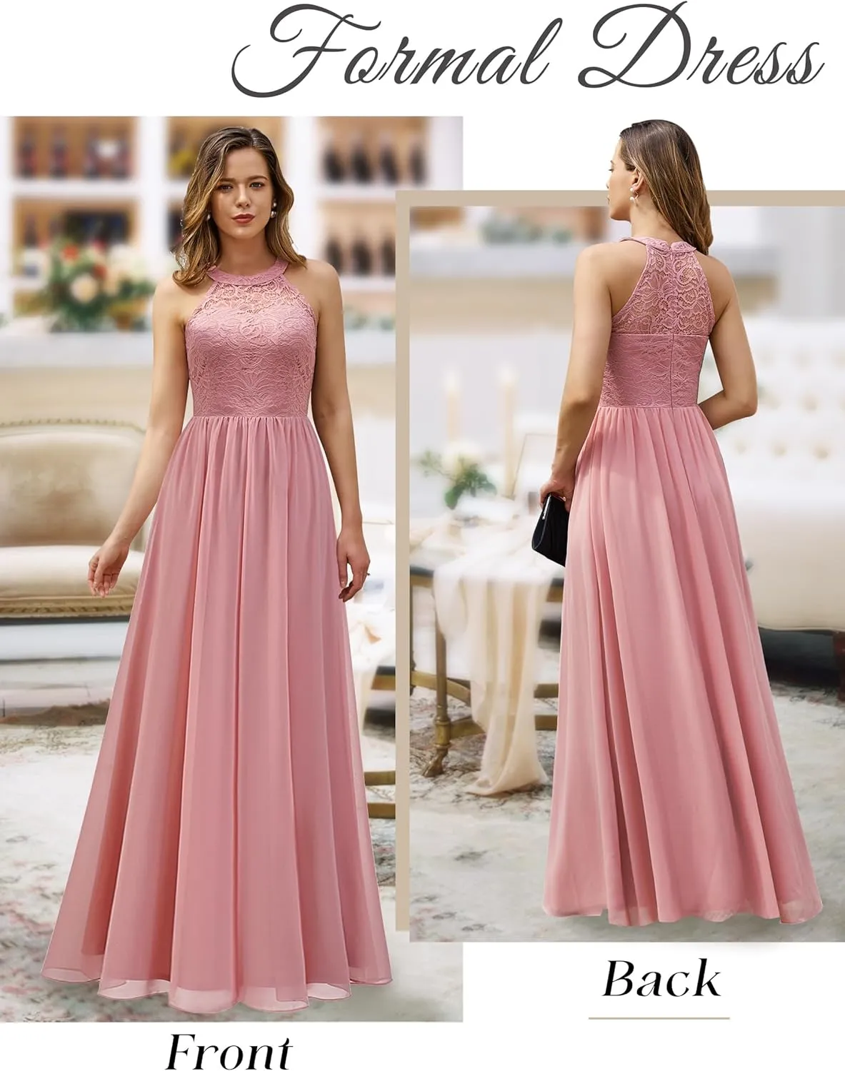 Wedtrend Women's Formal Dress, Halter Long Prom Dress Floral Lace Bridesmaid Dresses