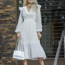 White V-neck Solid Chiffon Dress Splicing Lace Up Midi Dress