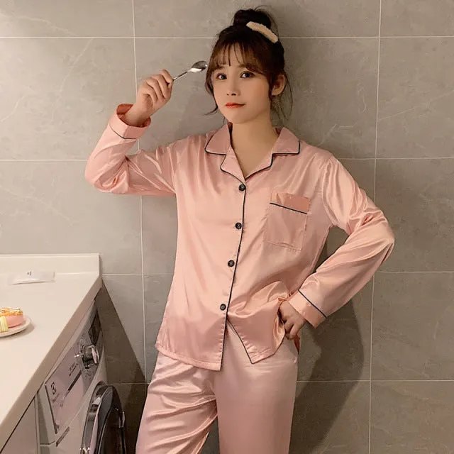Wjczt Solid Color Sleepwear Silk Satin Pajamas Couple Set Long Button-Down Pyjamas Suit Pijama Women Men Loungewear Plus Size Pj Set