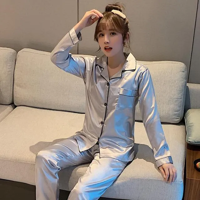 Wjczt Solid Color Sleepwear Silk Satin Pajamas Couple Set Long Button-Down Pyjamas Suit Pijama Women Men Loungewear Plus Size Pj Set