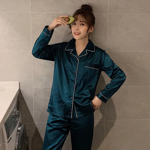 Wjczt Solid Color Sleepwear Silk Satin Pajamas Couple Set Long Button-Down Pyjamas Suit Pijama Women Men Loungewear Plus Size Pj Set