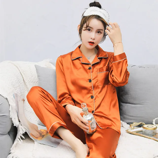 Wjczt Solid Color Sleepwear Silk Satin Pajamas Couple Set Long Button-Down Pyjamas Suit Pijama Women Men Loungewear Plus Size Pj Set