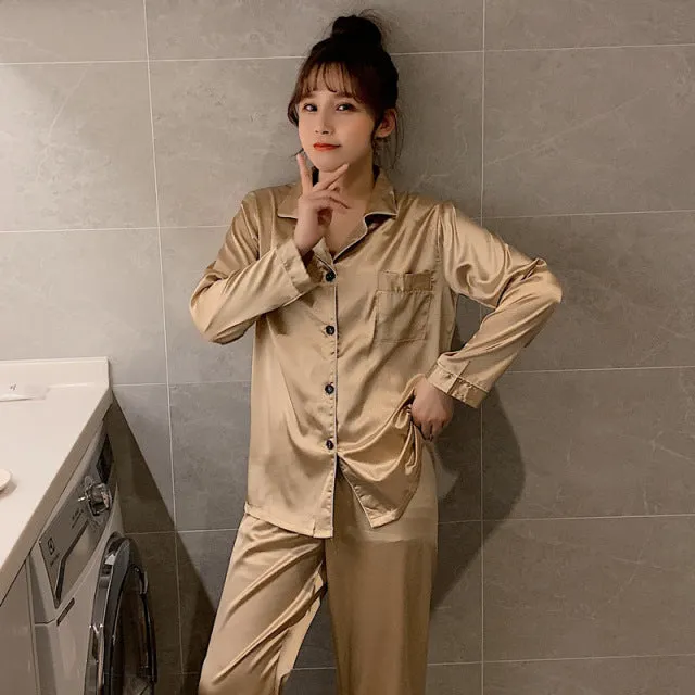 Wjczt Solid Color Sleepwear Silk Satin Pajamas Couple Set Long Button-Down Pyjamas Suit Pijama Women Men Loungewear Plus Size Pj Set