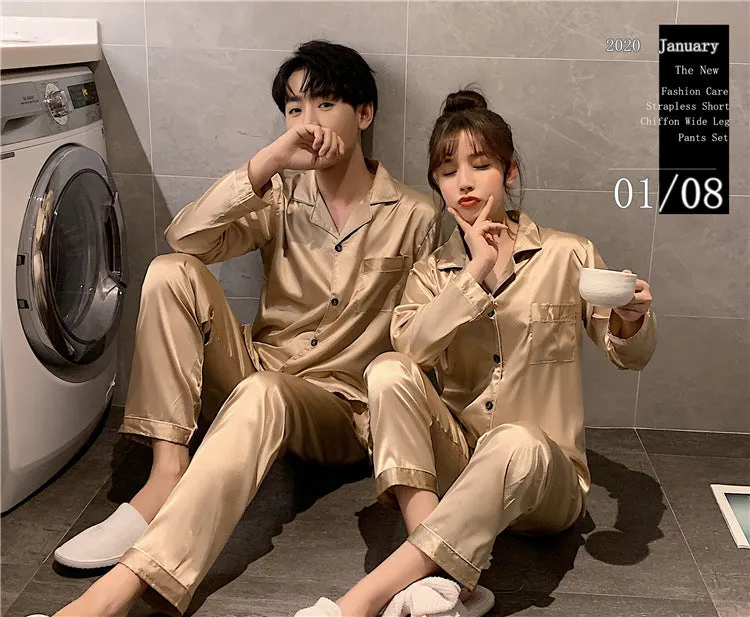 Wjczt Solid Color Sleepwear Silk Satin Pajamas Couple Set Long Button-Down Pyjamas Suit Pijama Women Men Loungewear Plus Size Pj Set