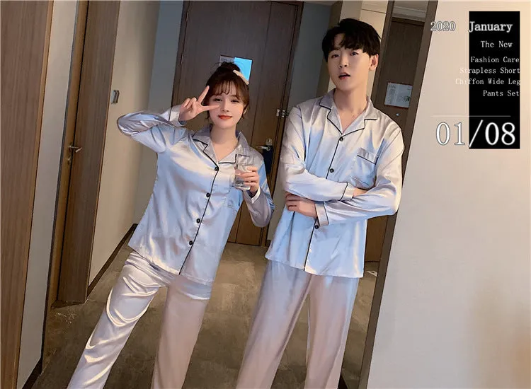 Wjczt Solid Color Sleepwear Silk Satin Pajamas Couple Set Long Button-Down Pyjamas Suit Pijama Women Men Loungewear Plus Size Pj Set