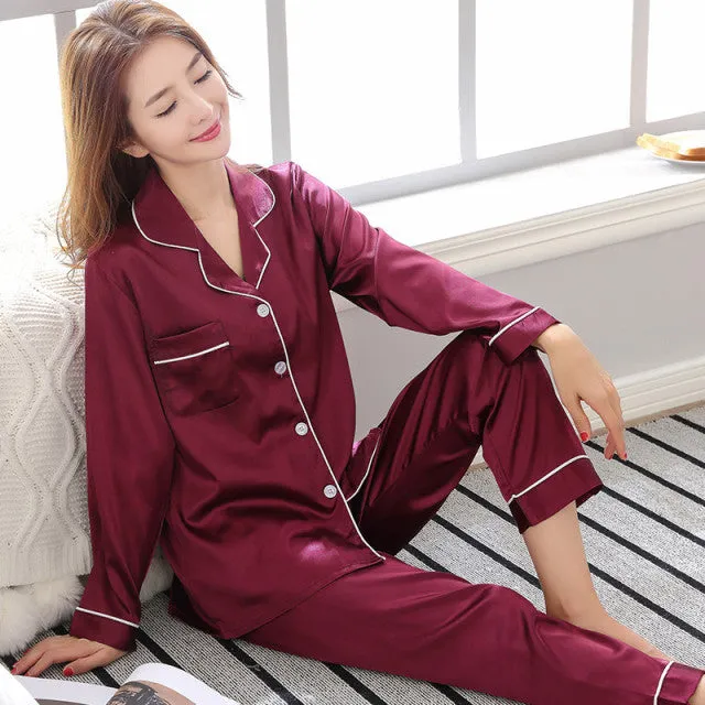 Wjczt Solid Color Sleepwear Silk Satin Pajamas Couple Set Long Button-Down Pyjamas Suit Pijama Women Men Loungewear Plus Size Pj Set