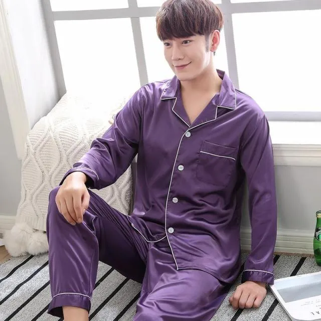 Wjczt Solid Color Sleepwear Silk Satin Pajamas Couple Set Long Button-Down Pyjamas Suit Pijama Women Men Loungewear Plus Size Pj Set