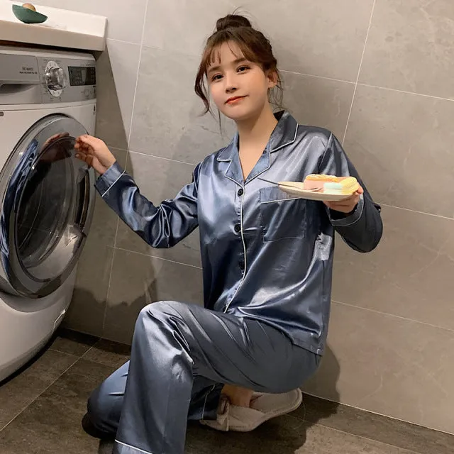 Wjczt Solid Color Sleepwear Silk Satin Pajamas Couple Set Long Button-Down Pyjamas Suit Pijama Women Men Loungewear Plus Size Pj Set