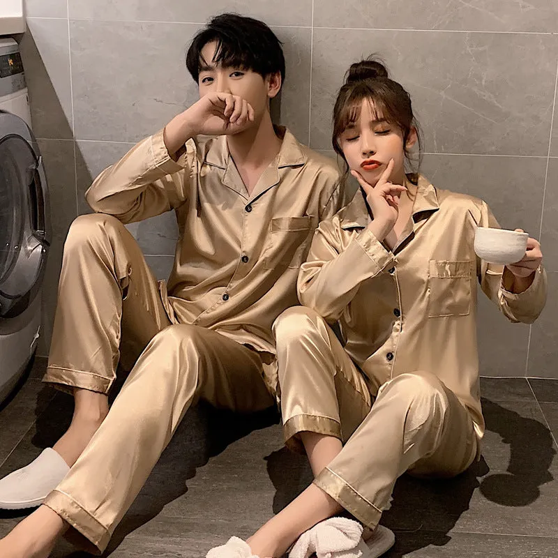 Wjczt Solid Color Sleepwear Silk Satin Pajamas Couple Set Long Button-Down Pyjamas Suit Pijama Women Men Loungewear Plus Size Pj Set