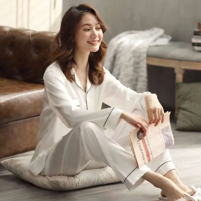 Wjczt Solid Color Sleepwear Silk Satin Pajamas Couple Set Long Button-Down Pyjamas Suit Pijama Women Men Loungewear Plus Size Pj Set