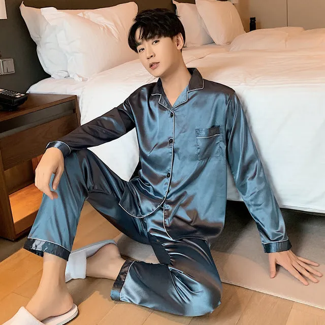 Wjczt Solid Color Sleepwear Silk Satin Pajamas Couple Set Long Button-Down Pyjamas Suit Pijama Women Men Loungewear Plus Size Pj Set