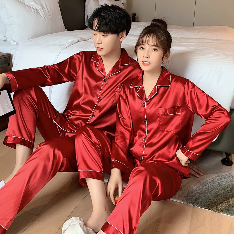 Wjczt Solid Color Sleepwear Silk Satin Pajamas Couple Set Long Button-Down Pyjamas Suit Pijama Women Men Loungewear Plus Size Pj Set