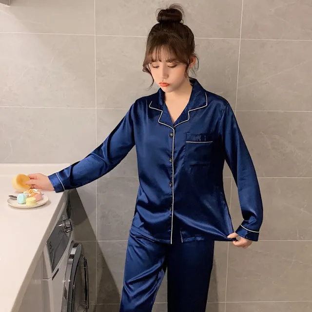 Wjczt Solid Color Sleepwear Silk Satin Pajamas Couple Set Long Button-Down Pyjamas Suit Pijama Women Men Loungewear Plus Size Pj Set