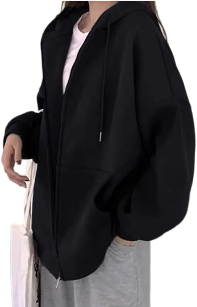 Women Gothic hoodie Retro Solid Color Zip Up Oversized Sweatshirts Harajuku Long Sleeve Hooded Jackets Coat
