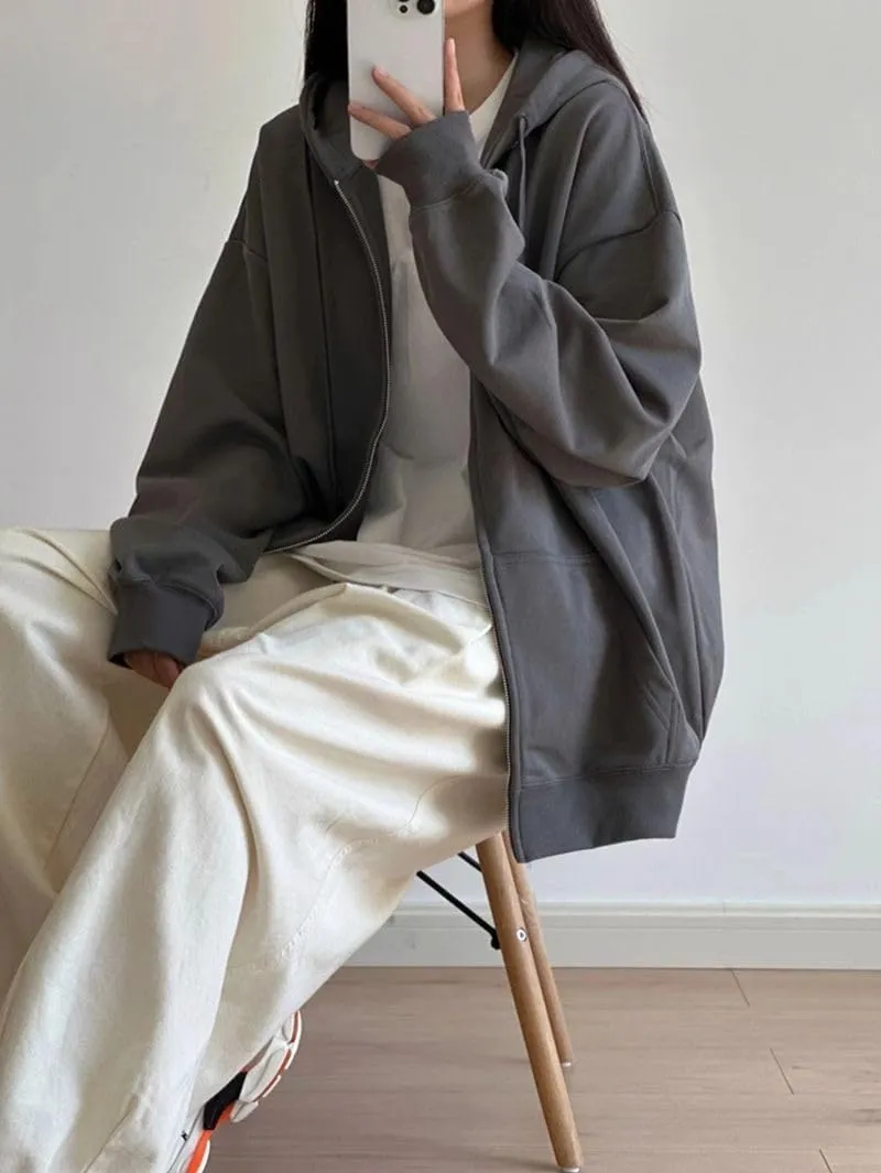 Women Gothic hoodie Retro Solid Color Zip Up Oversized Sweatshirts Harajuku Long Sleeve Hooded Jackets Coat