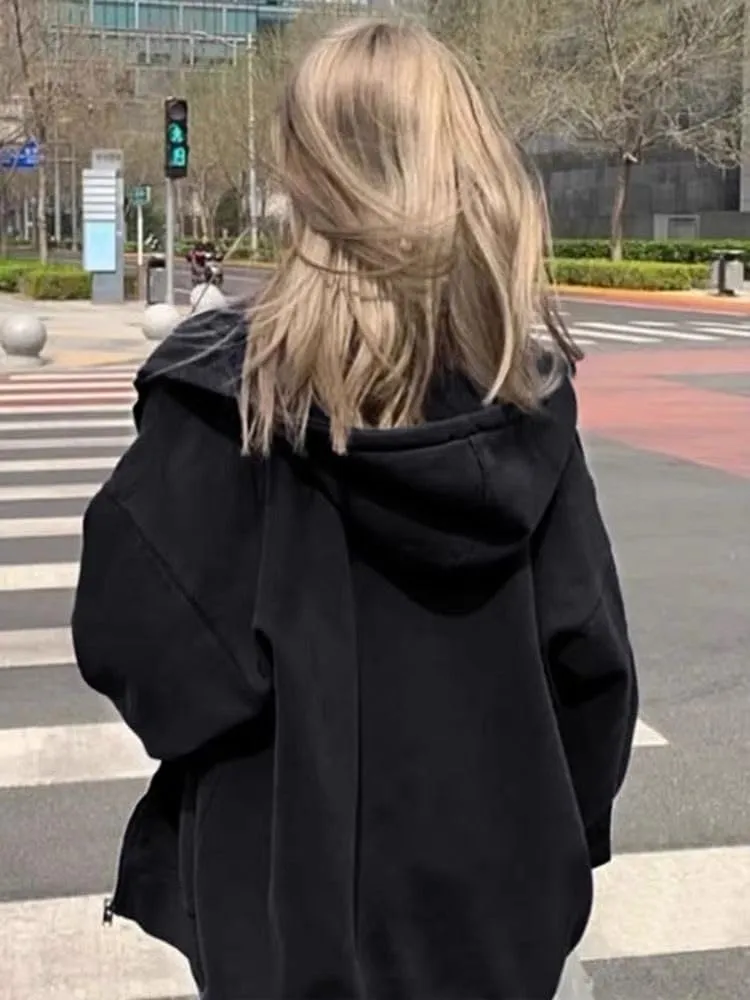 Women Gothic hoodie Retro Solid Color Zip Up Oversized Sweatshirts Harajuku Long Sleeve Hooded Jackets Coat