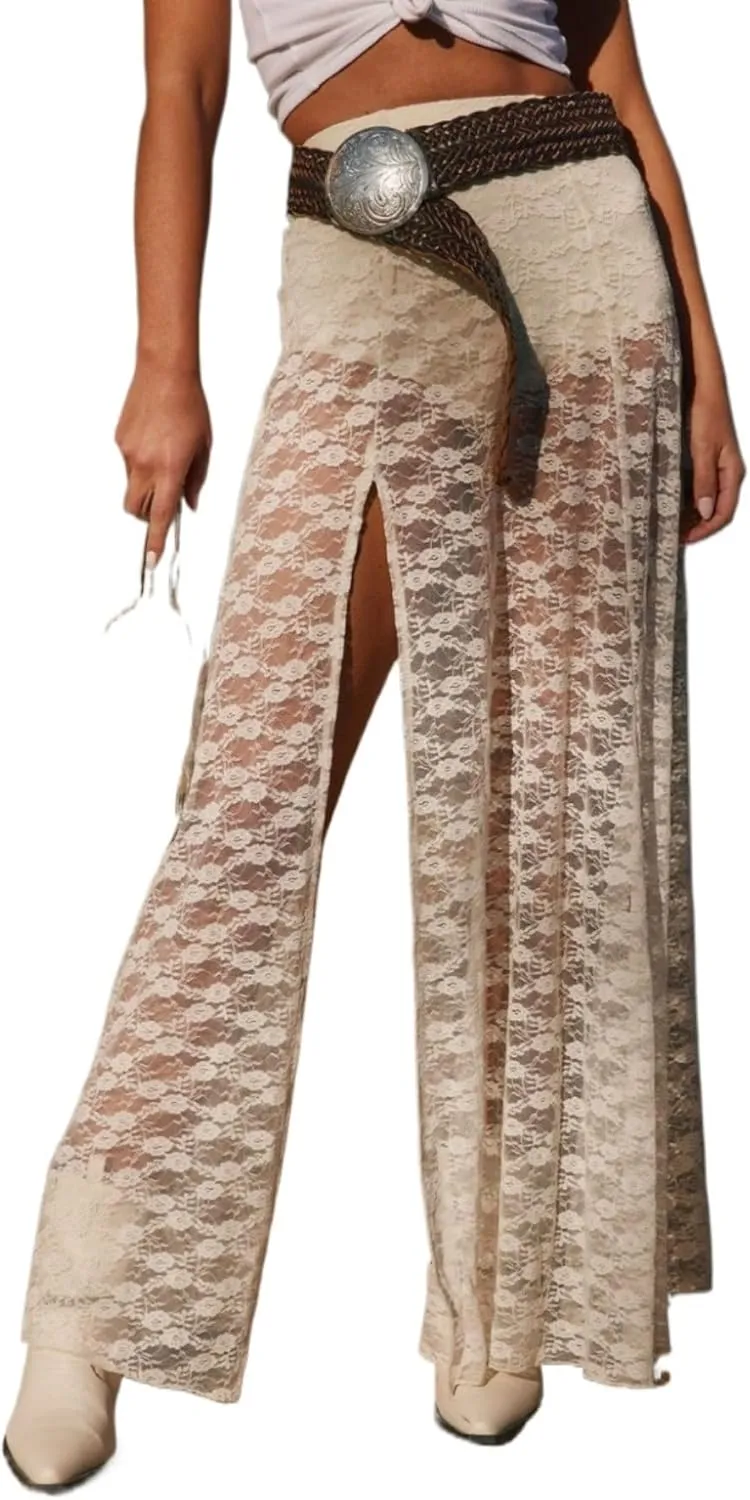 Women Lace Long Skirt Sexy See Through High Waist A-Line Skirts High Split Beach Party Floral Maxi Skirts