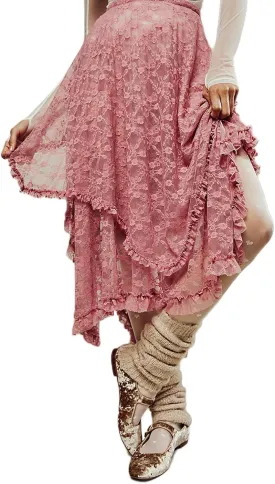 Women Lace Long Skirts Summer Elastic Asymmetrical Layered Hem Sexy See-Through Flowy Beach Floral Maxi Skirts