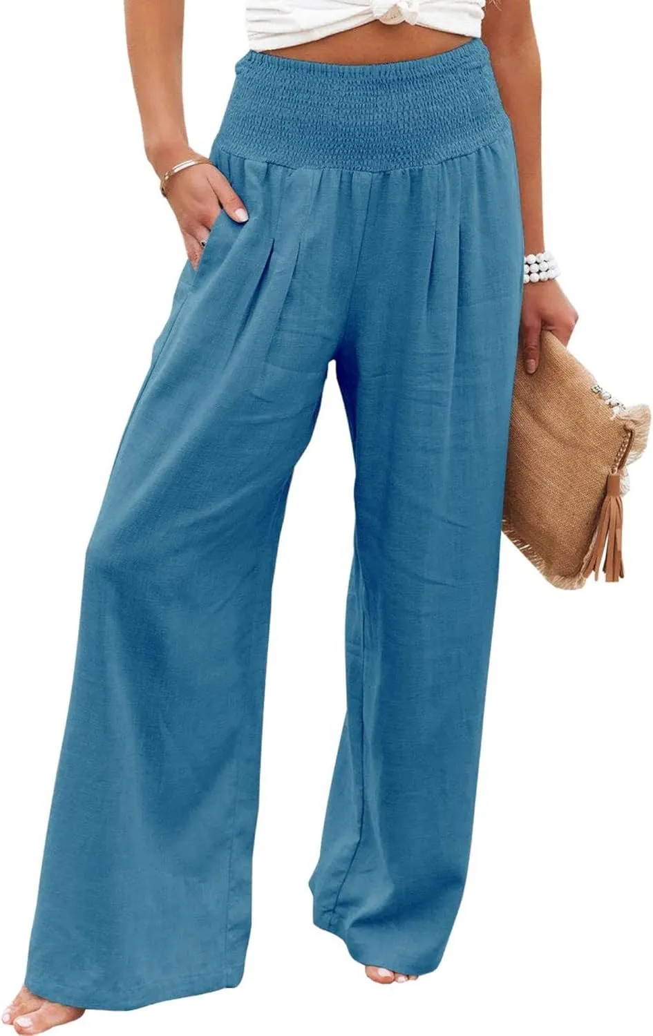 Women Linen Palazzo Pants High Waist Pant Wide Leg Flowy Pants Beach Vacation Clothes Casual Lounge Outfits