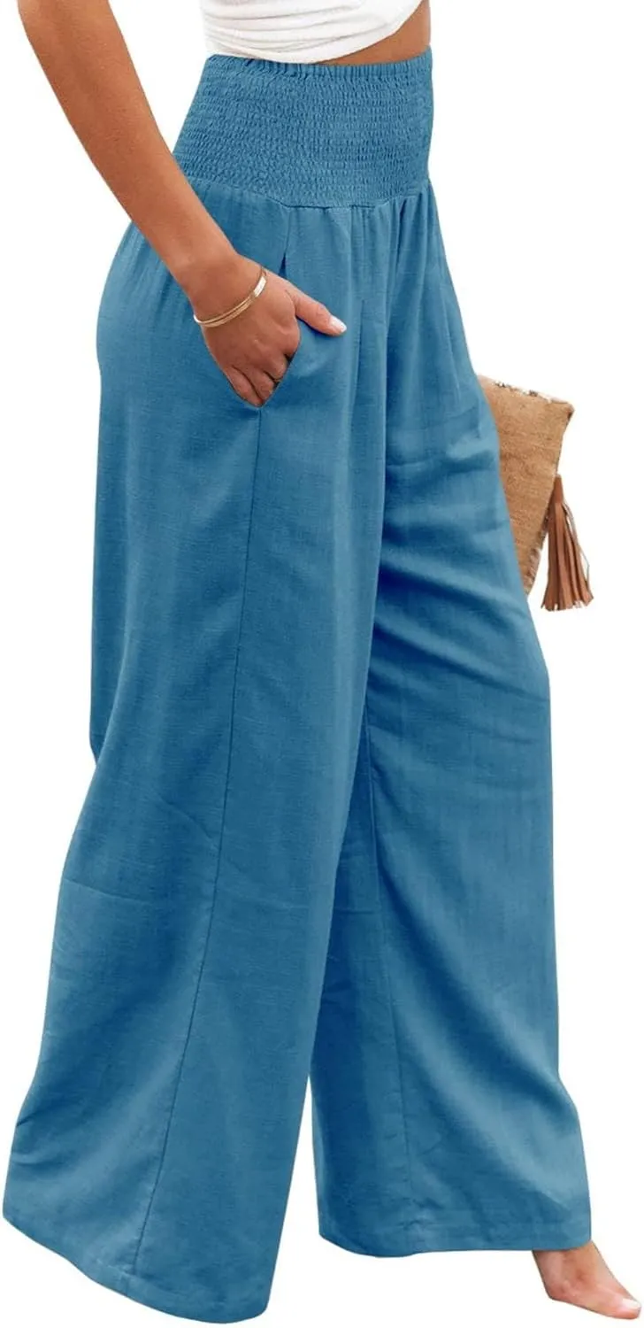Women Linen Palazzo Pants High Waist Pant Wide Leg Flowy Pants Beach Vacation Clothes Casual Lounge Outfits