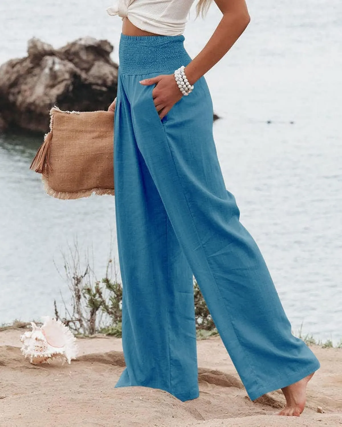 Women Linen Palazzo Pants High Waist Pant Wide Leg Flowy Pants Beach Vacation Clothes Casual Lounge Outfits