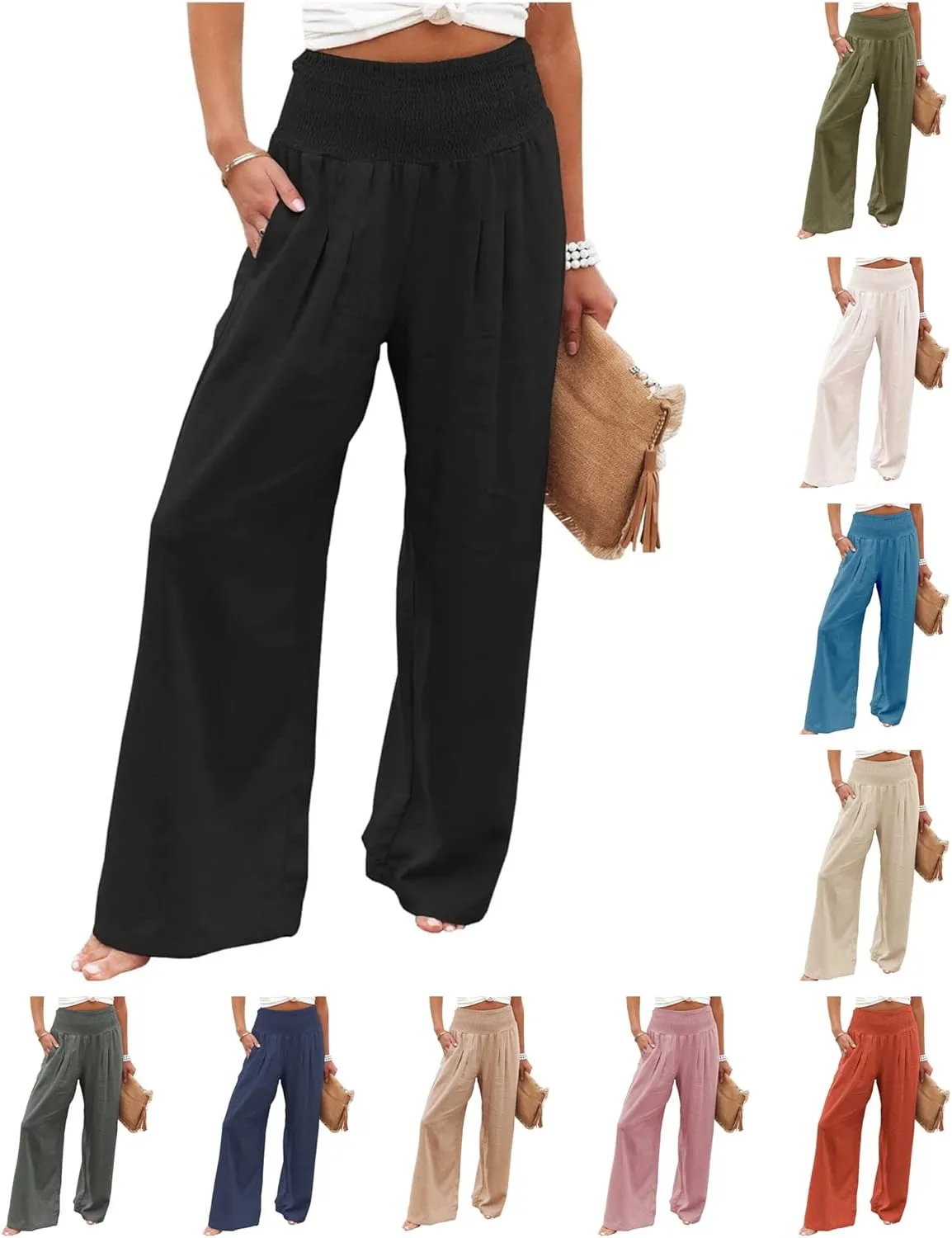 Women Linen Palazzo Pants High Waist Pant Wide Leg Flowy Pants Beach Vacation Clothes Casual Lounge Outfits