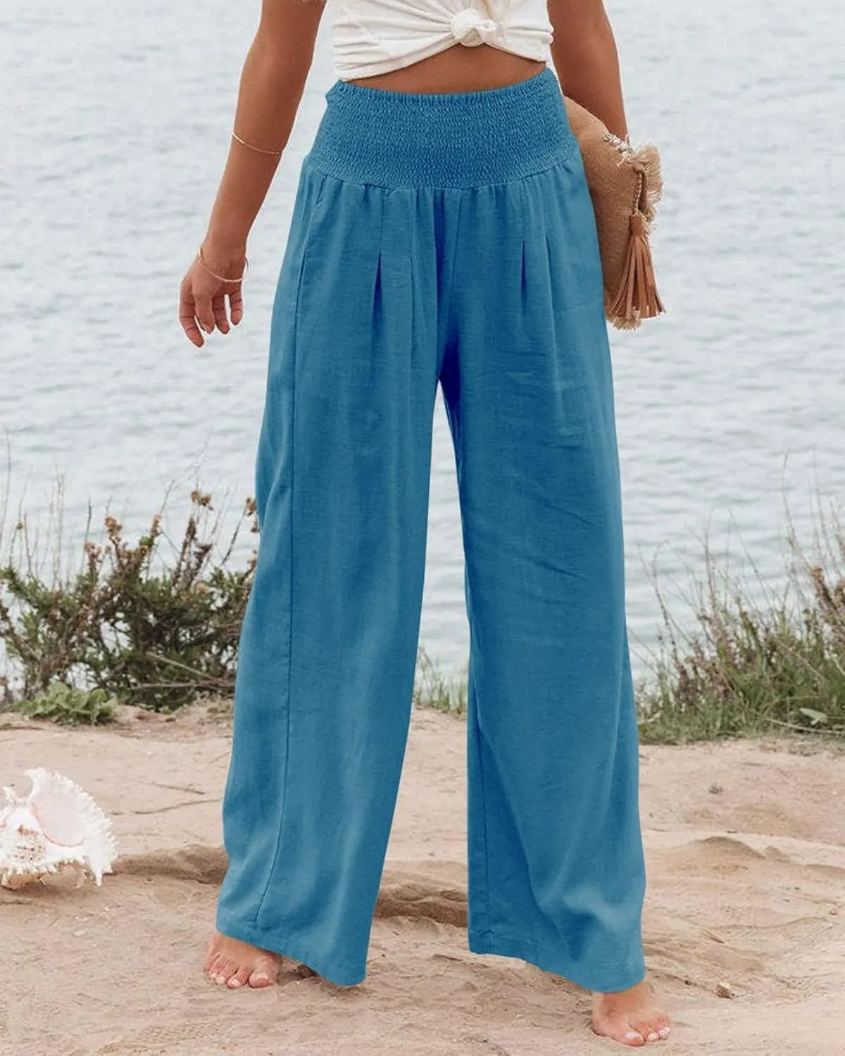 Women Linen Palazzo Pants High Waist Pant Wide Leg Flowy Pants Beach Vacation Clothes Casual Lounge Outfits