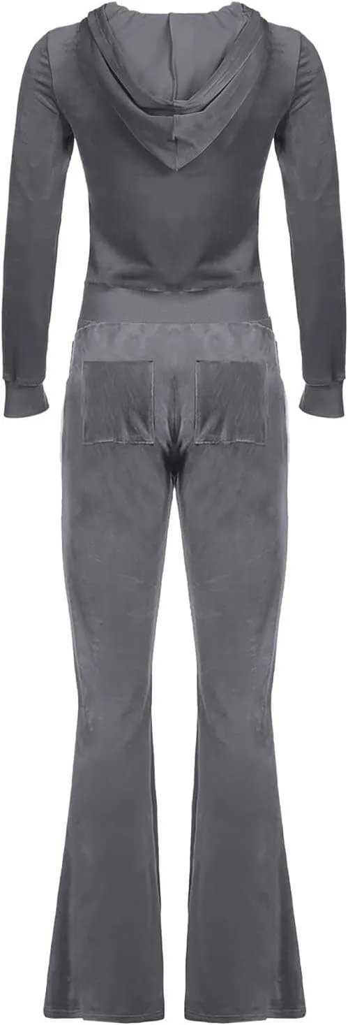 Women Velour Sweat Suits 2 Piece Outfits Tracksuits Long Sleeve Zip Up Hooded Jacket Wide Plus Size Suit